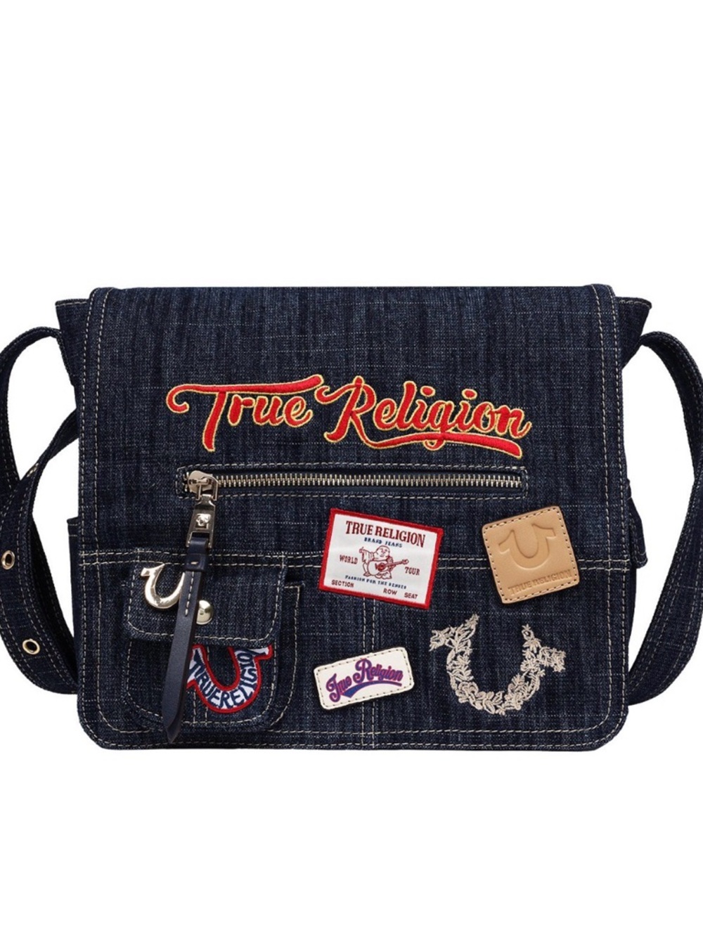 New Authentic Women's True Religion Jean Messenger Bag Carry Denim Patch
Zip